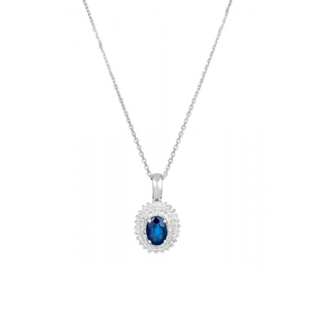 Collier Ancien Saphir Bleu Et Zirconiums - Monture Argent Massif 925 - Très Bon état